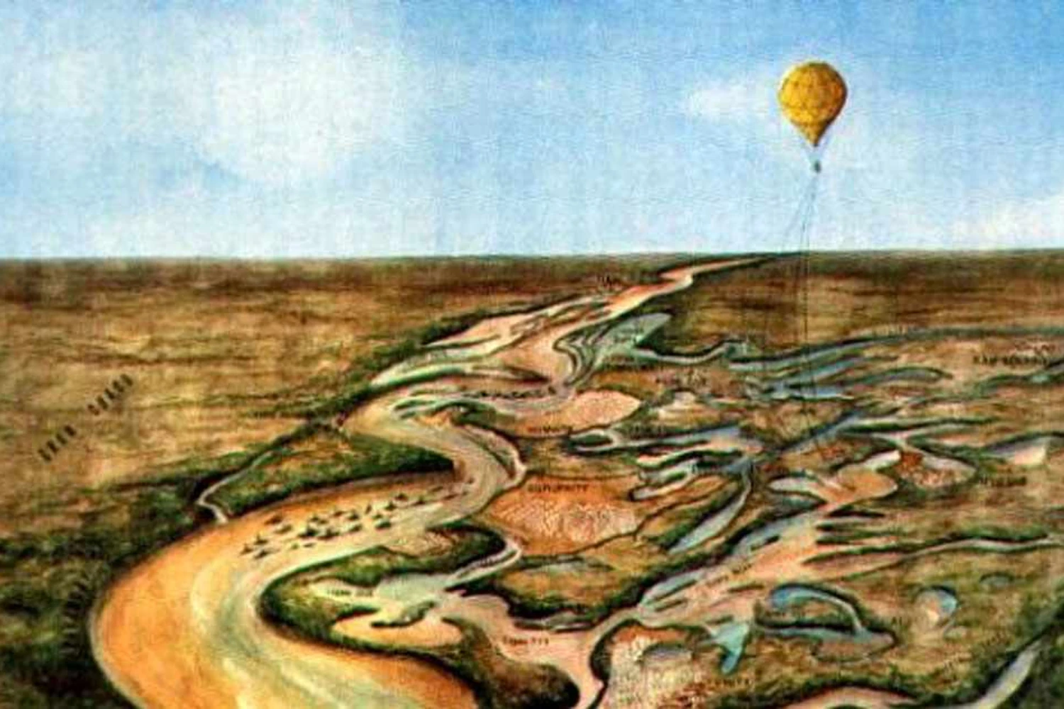 Pintura sobre o primeiro voo de um balão na Guerra do Paraguai, em 25 setembro de 1867, em Tuiu- Cuê (Domínio Público)