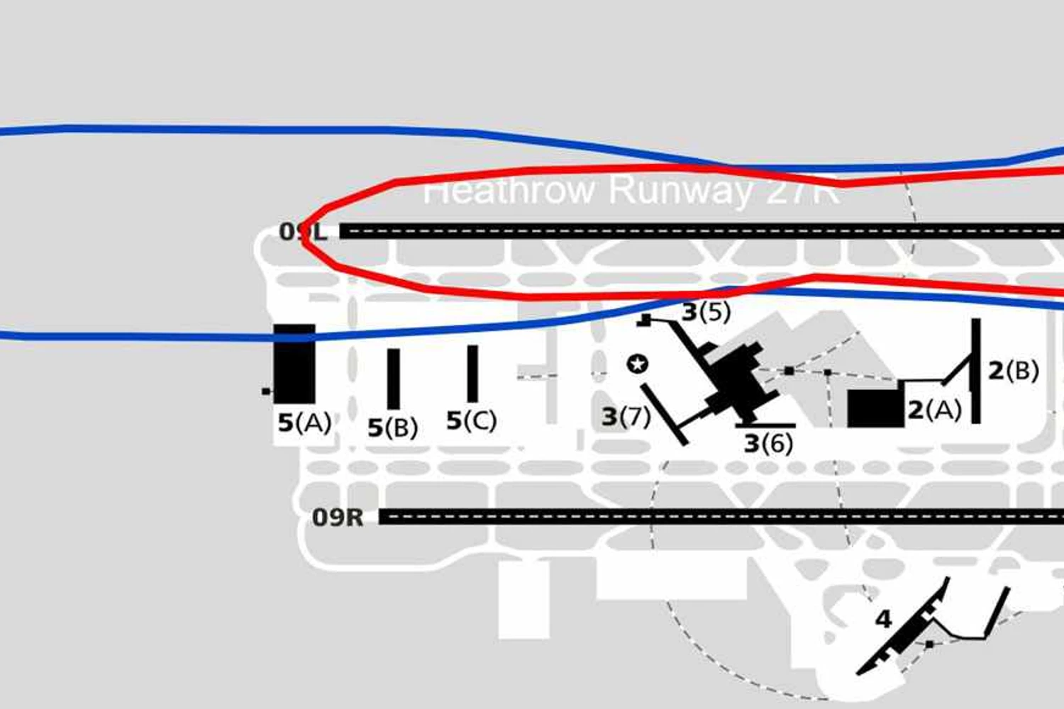 Em azul a área afetada pelos ruídos dos motores do 747 em Heathrow em vermelho, a do A350 (Virgin)