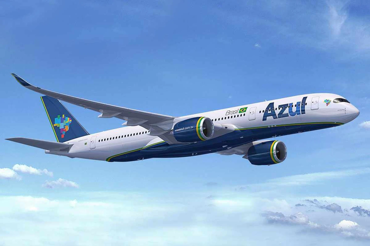 Projeção do Airbus A350 nas cores da Azul: negócio fechado em 2014 ainda traz dissabores para a empresa (Airbus)