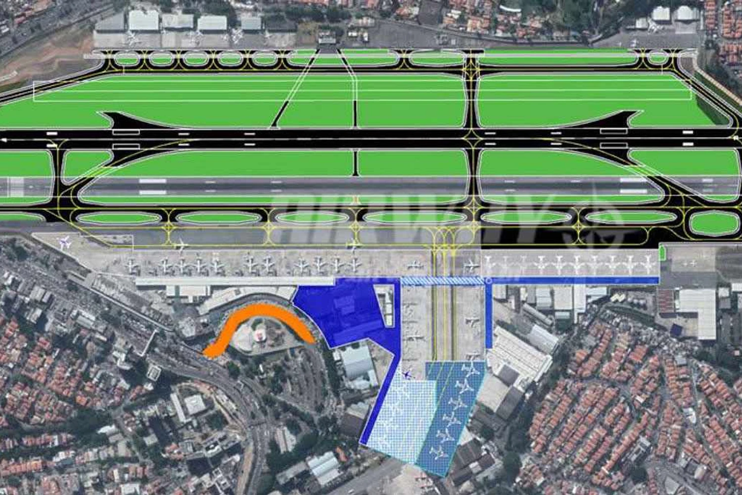 Outra hipótese estudada prevê pontes embarque por quase toda a extensão das pistas