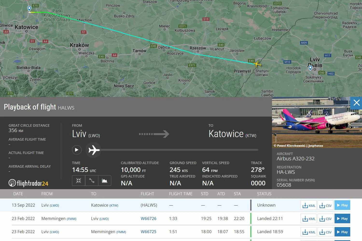Dados do FlightRadar24 mostram o avião apenas depois de cruzar a fronteira com a Polônia