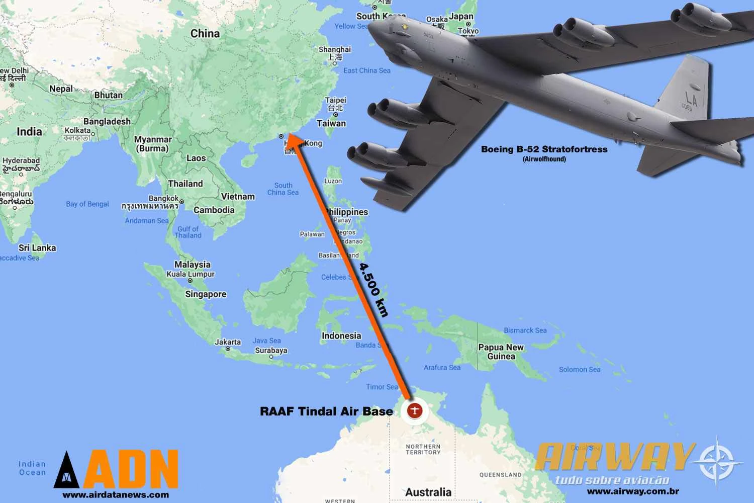 The B-52 bombers ficarão a cerca de 4.500 km da costa chinesa