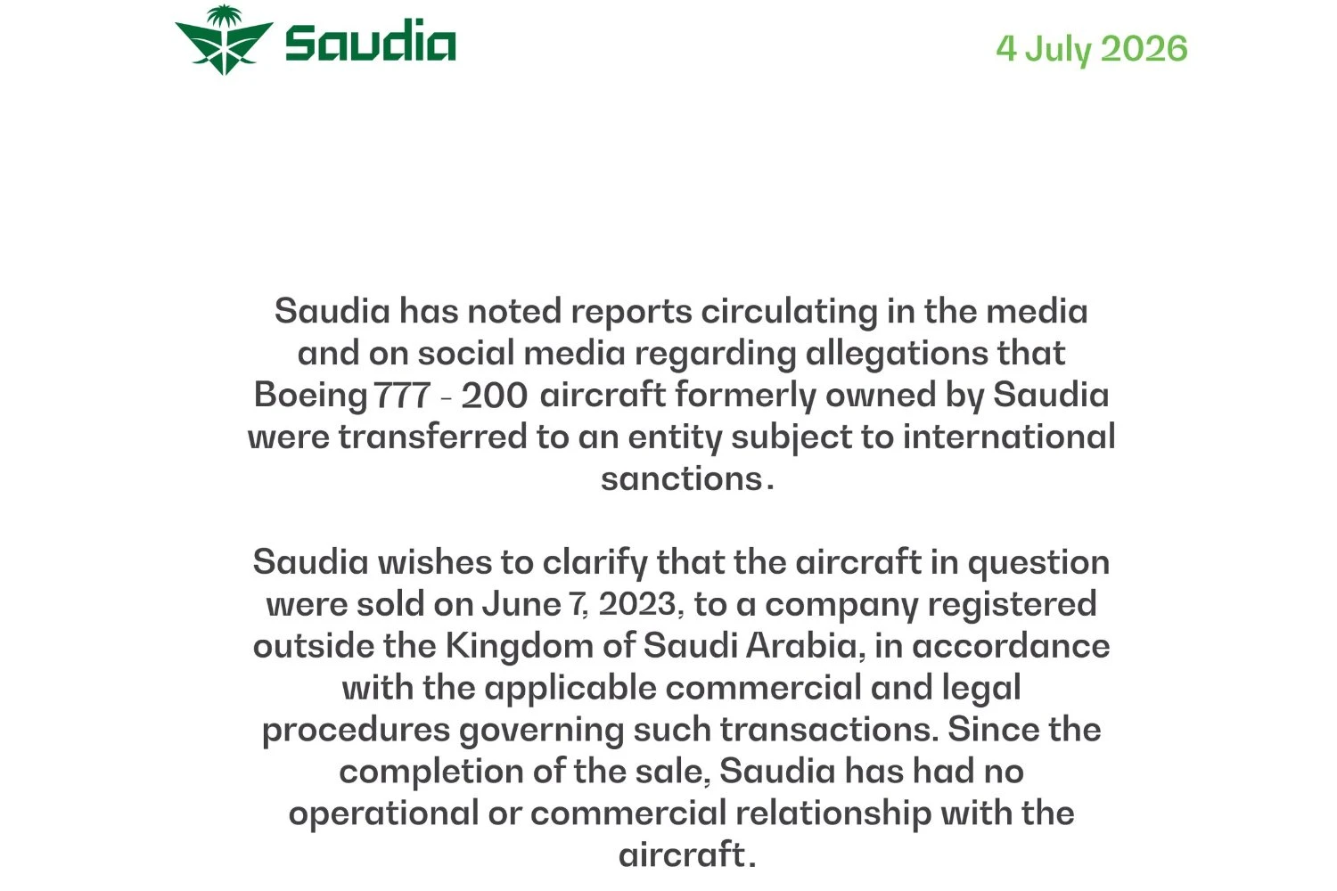 O comunicado da Saudia