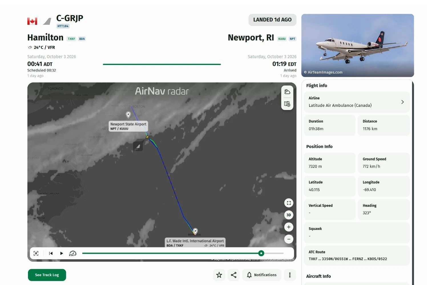 Registros de voo do Gulfstream G100 C-GRJP