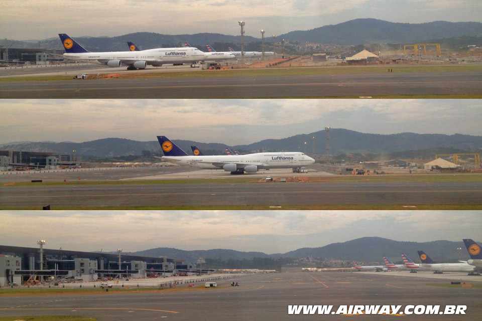 Dois Boeing 747-8 da Lufthansa estacionados no novo pátio