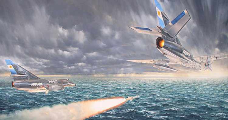 O primeiro ataque com Exocet da história foi feito pela Armada Argentina com os caças Super Étendard (ilustração - Daniel Bechennec)