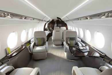 O interior do Falcon 5X pode ser configurado para transportar até 17 passageiros (Fotos - Dassault)