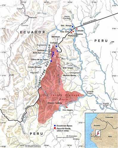 Mapa da região que foi disputada na Guerra do Cenepa (ilustração - wikipedia)