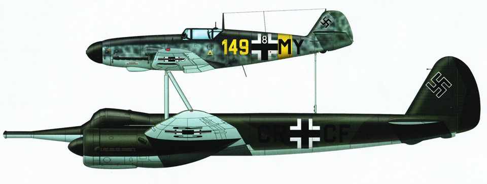 O Mistel controlado pelo caça Bf.109 foi a combinação mais comum utilizada pela Alemanha (Ilustração - Hasegawa)