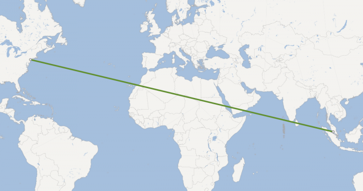 O voo regular mais longo da história, entre Singapura e Newark, percorre cerca de 16.700 km