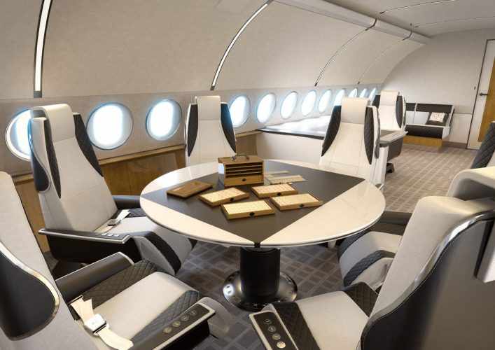 No centro da aeronave há uma mesa para reuniões, ou refeições (Foto - Airbus)