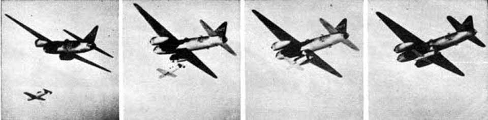Sequência de lançamento do Ohka a partir de um bombardeiro Mitsubishi "Betty" (Imagem - Domínio público)