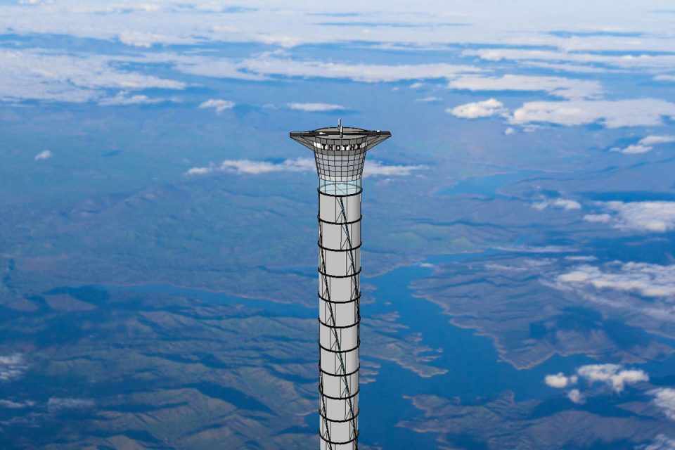 A torre com quase 20 km de altura pode ser o ponto de lançamento de foguetes do futuro (Imagem - Thoth Technology) 