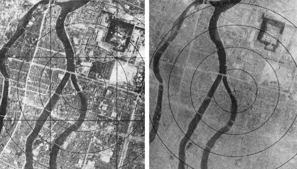 Hiroshima antes do ataque da "Little Boy" (a esquerda) e depois; a explosão da bomba causou a morte de mais de 70 mil pessoas