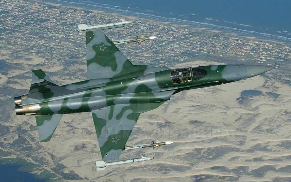 Um caça F-5 da FAB armado com um par de mísseis Piranha na ponta das asas (Foto - FAB)