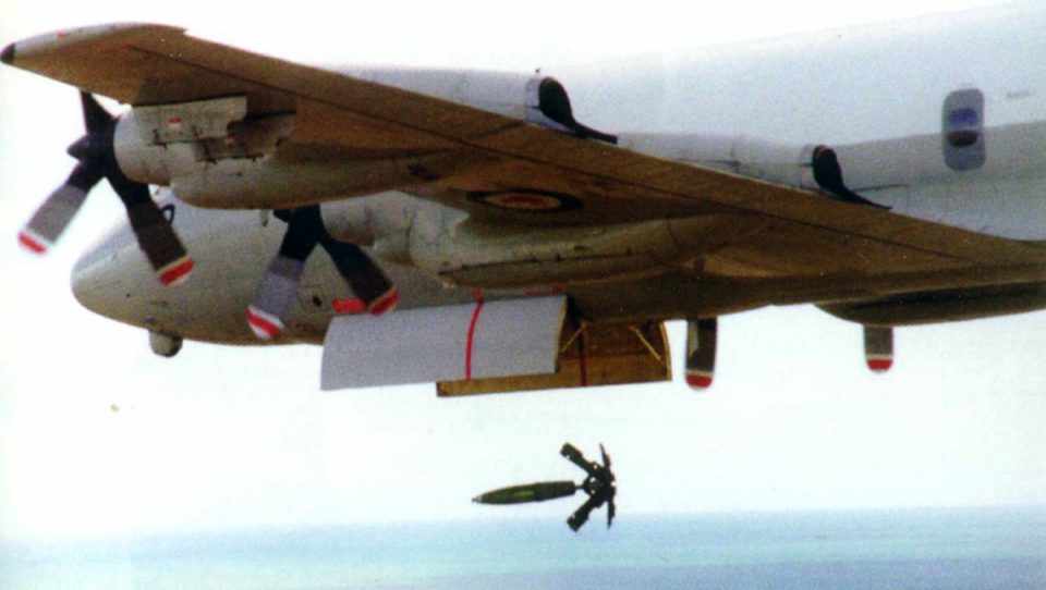 Um P-3 da força aérea do Canadá lançando bombas MK-82 de queda livre (Divulgação)