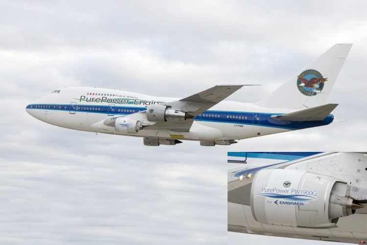 O Boeing 747SP voou com os motores que serão instalados nos novos jatos da Embraer (Pratt & Whitney)