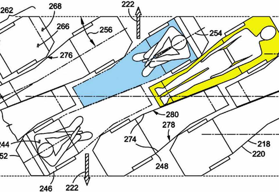 Todo mundo juntinho! Pelo menos os assentos reclinam até a posição horizontal (US Patents/Boeing)