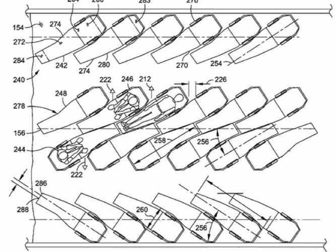 A Boeing propôs assentos em diferentes posições. Nenhuma parece ser boa... (US Patents/Boeing)