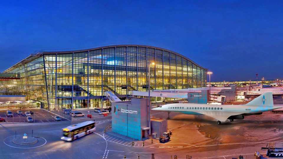 Concepção artística do Boom no aeroporto de Heathrow, em Londres (Boom Technology)