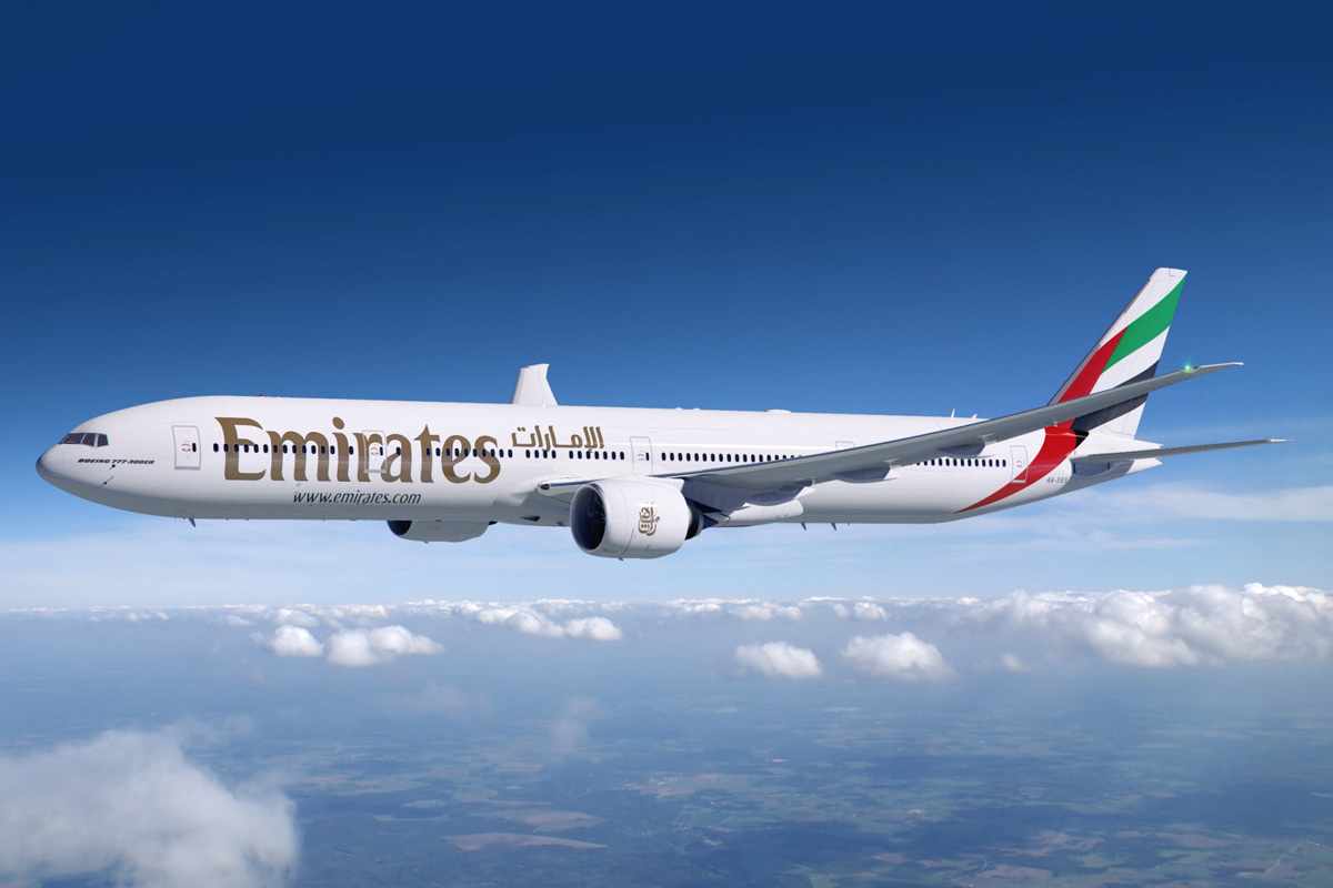 Boeing 777-300ER da Emirates, usado na rota São Paulo-Dubai