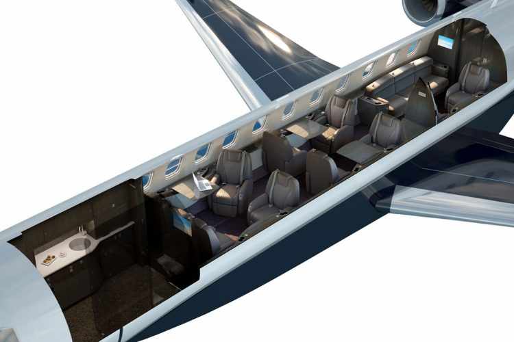 A cabine do Legacy 650E é dividida em três ambientes (Embraer)