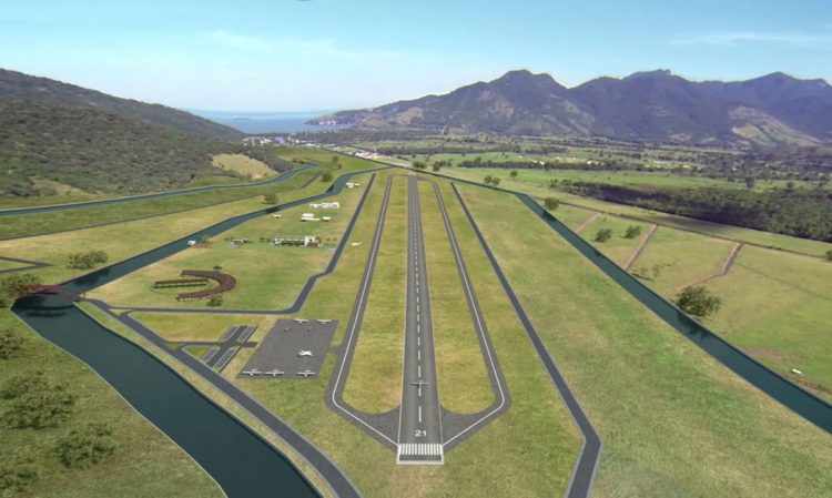 Concepção artística da pista completa, com duas taxiways correndo entre os lotes (Divulgação)