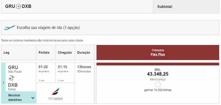 O bilhete de primeira classe da Emirates para Dubai é a passagem aérea mais cara à venda no Brasil