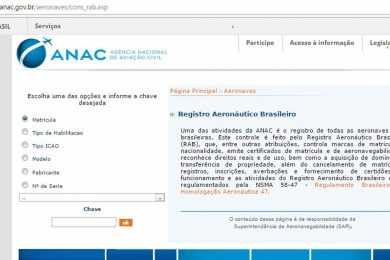 O site da ANAC mostra as informações da aeronave a partir de seu prefixo 