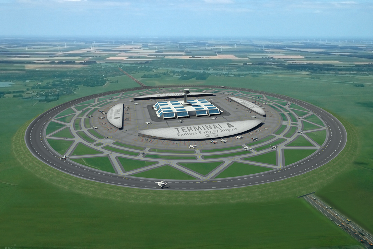 Com a pista circular, toda infra-estrutura do aeroporto pode ser montada no interior do círculo (NLR)