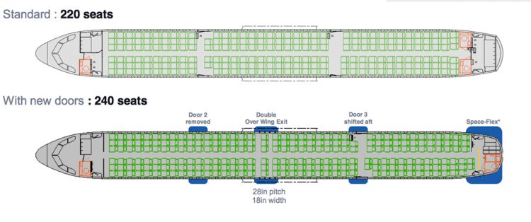 Comparação do A321 com a cabine convencional e o A321 ACF, com mais 20 assentos e portas reposicionadas (Airbus)