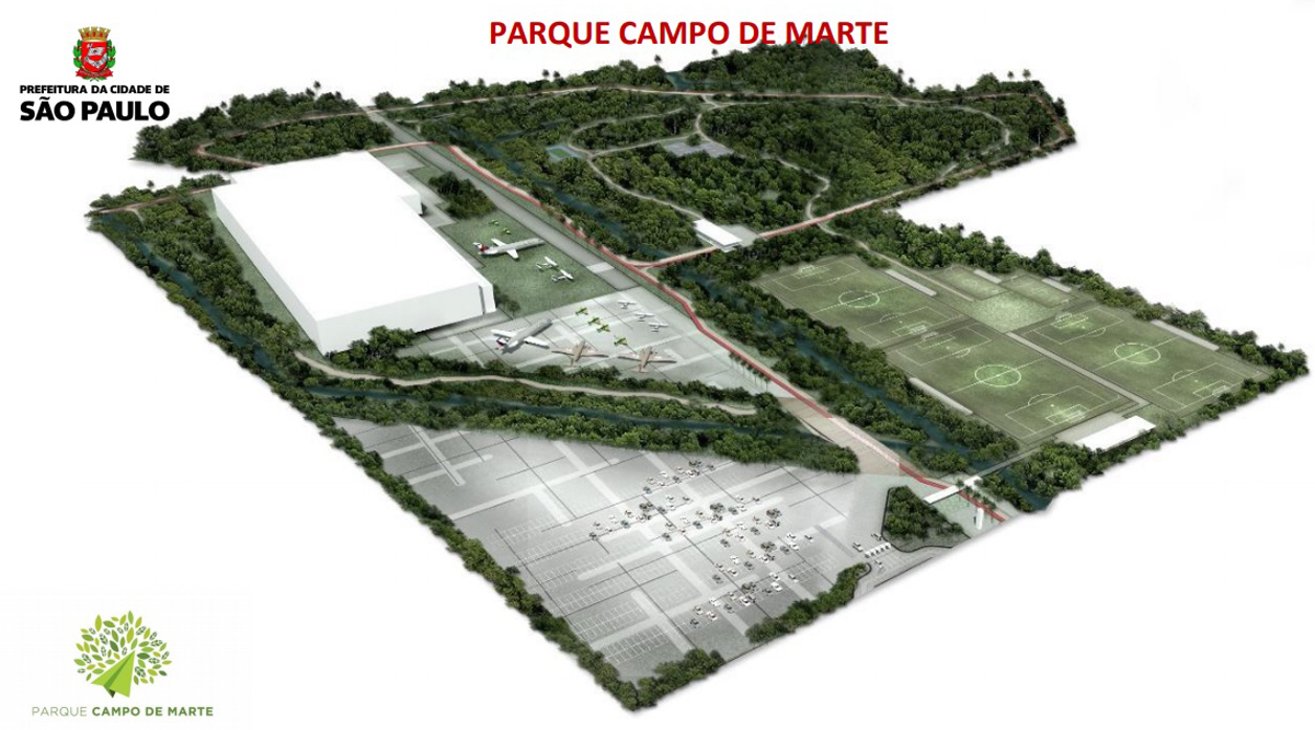 A imagem do Parque Campo de Marte divulgada pela prefeitura ainda não é o formato definitivo do projeto (Prefeitura de São Paulo)