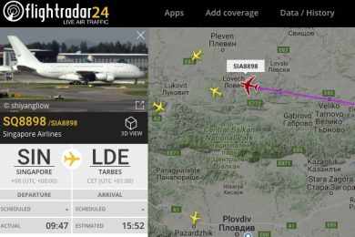 O A380 9V-SKA voou de Cingapura até a França pintado de branco (FlightRadar24)