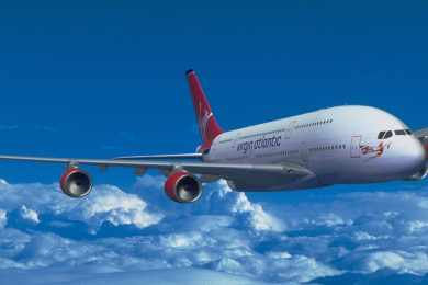 Projeção artística de como seria o A380 com as cores da Virgin Atlantic (Airbus)