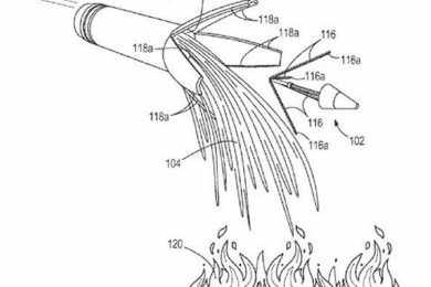 Em 2014, a Boeing patenteou um projeto de uma bomba com retardantes químicos para combater incêndios (USPTO)