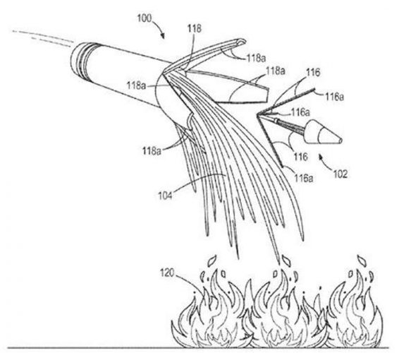 Em 2014, a Boeing patenteou um projeto de uma bomba com retardantes químicos para combater incêndios (USPTO)