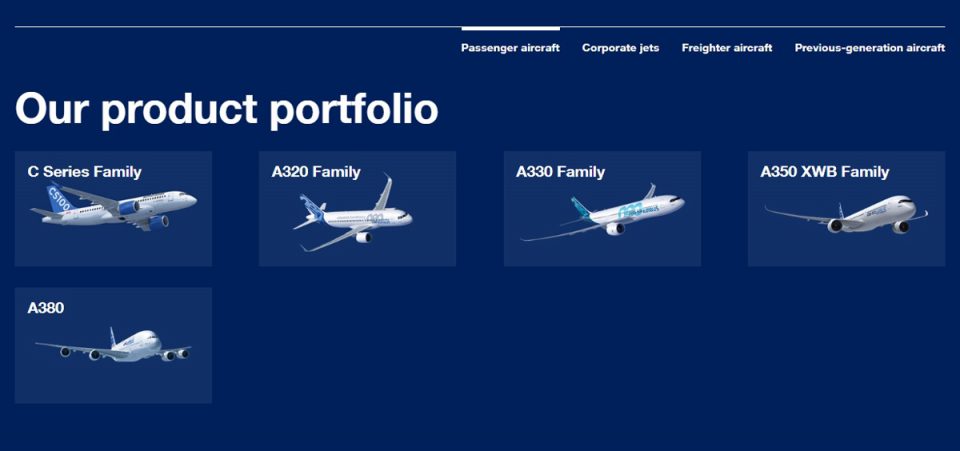 A família C Series já aparece no portfólio de aeronaves comerciais da Airbus (Airbus)