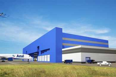 A área de manutenção de aeronaves terá um vão livre com 170 metros de comprimento por 90 de largura (Azul)