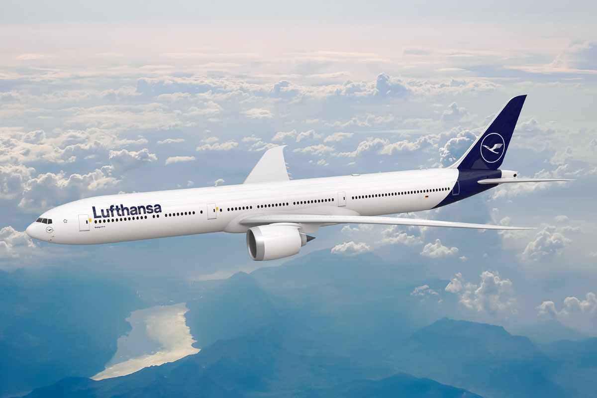 Projeção do Boeing 777-9 com as cores da Lufthansa