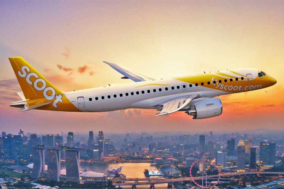 Concepção artística do Embraer E190-E2 com a pintura da companhia aérea Scoot