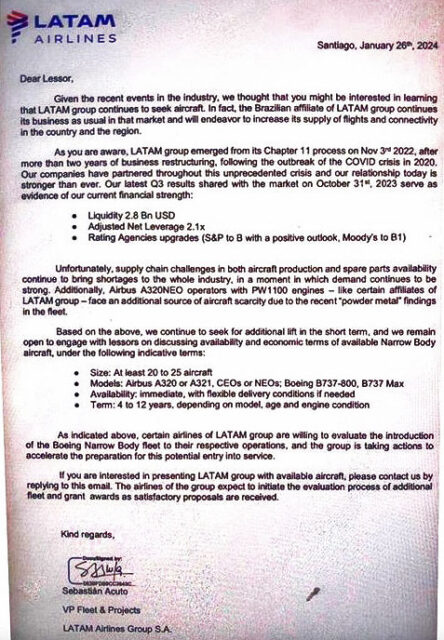 Carta enviada pela LATAM aos arrendadores com aviões da Gol 