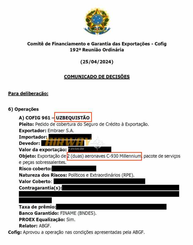 Ata do pedido do governo onde consta a venda de dois C-390 para o Uzbequistão (MDIC)