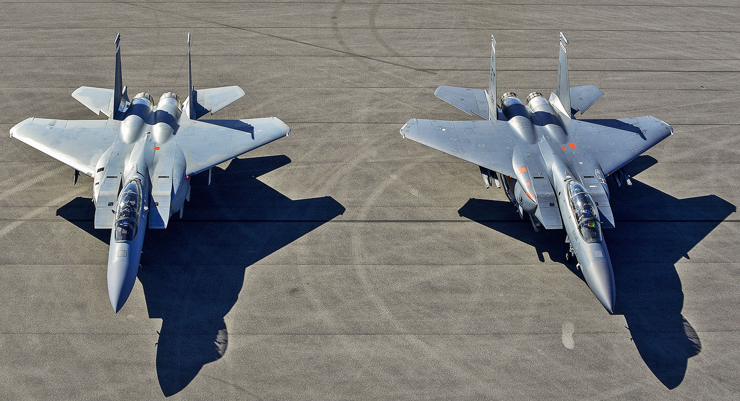O F-15EX (esquerda) ao lado de um F-15E