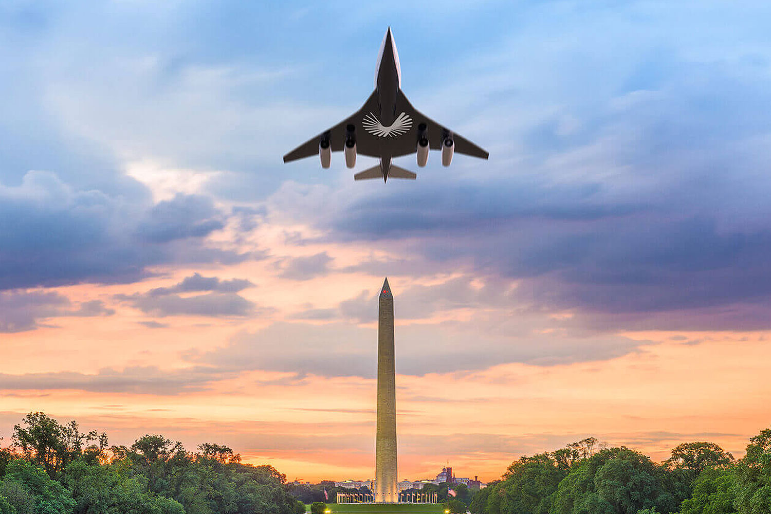 Ilustração mostra o supersônico Overture sobre a capital dos EUA