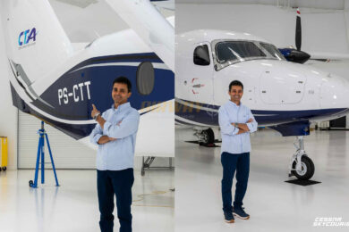 O empresário Cleiton de Souza durante a entrega do primeiro SkyCourier brasileiro